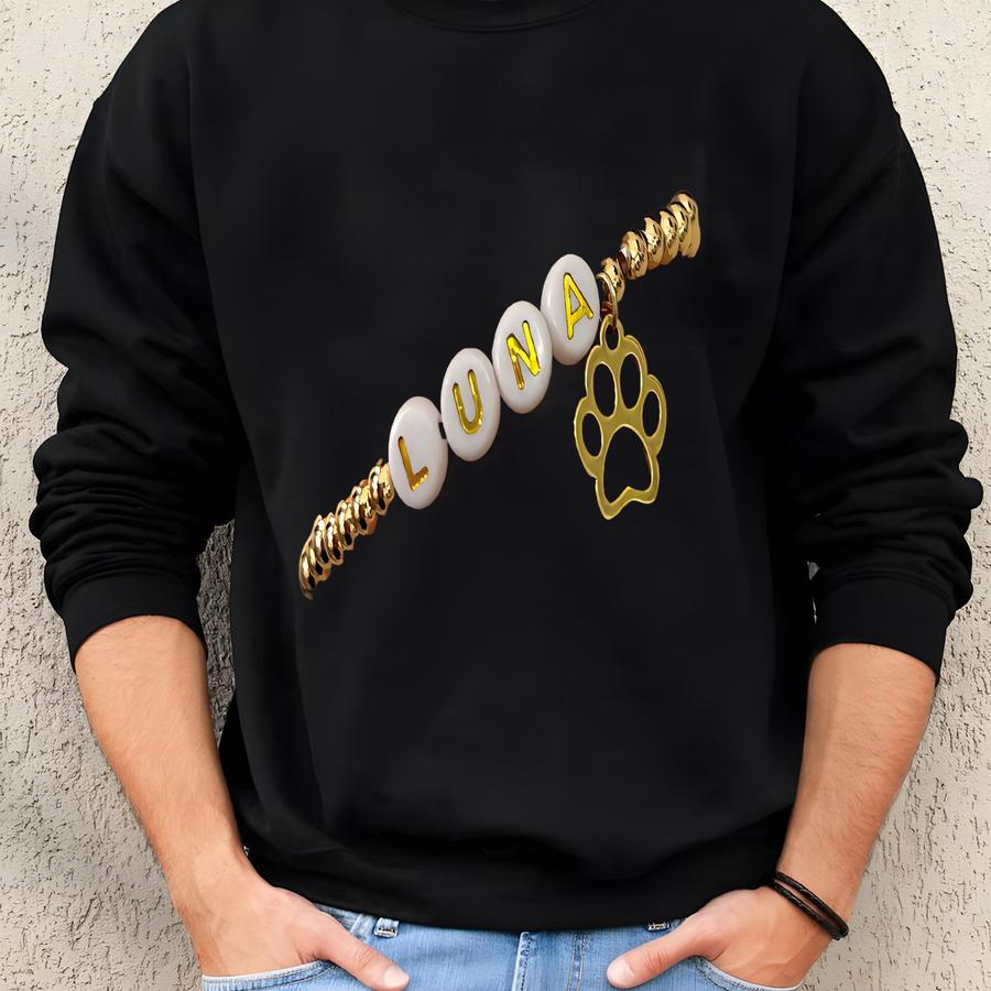 Pet Name Bracelet Paw Print Charm, 14k Gold Bead Animal Lover Gift, Personalized Pet Jewelry, Loss Of Dog Cat Pet Memorial Gift, Dog Cat Mom Sweatshirt