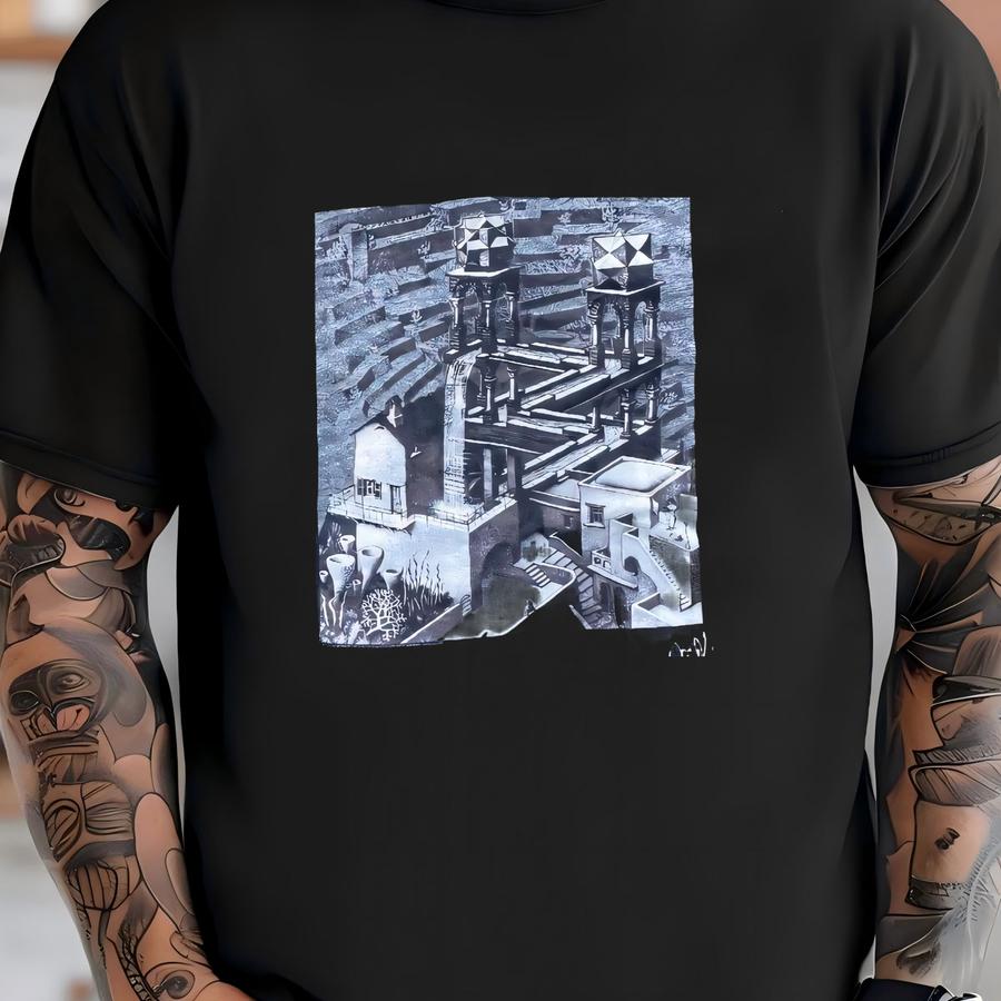 Vintage 1990s Mc Escher Waterfall Black Cotton Crewneck Hoodie Size Medium Large Geometric Surreal Dali Avant Garde Psychedelic Punk M.c. T-shirt