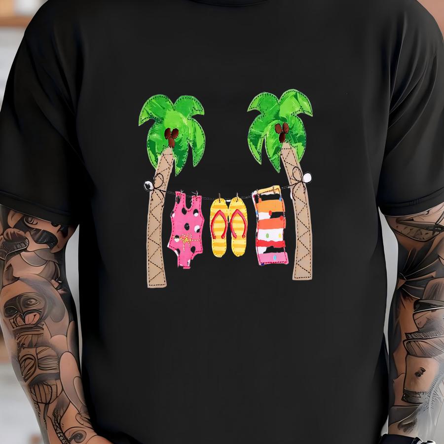 Girl's Summer Clothesline Applique Shirt - Swimsuit - Beach Towel - Flip Flops - Personalized Name - Girl's Summer Beach Shirt T-shirt
