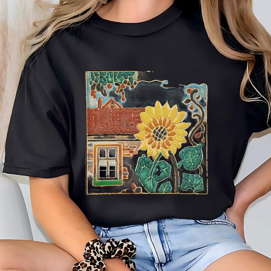 Royal Delft Porceleynes Fles Van Gogh House With Large Yellow Suower Tile - Cuenca Style Art Pottery Tile - Historic Home Tile - 4.625 T-shirt