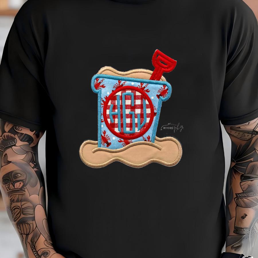 Sand Bucket Boy's Monogrammed Applique Shirt - Summer Beach Wear - Red Blue White - Lobster Beach - Personalized Initials Top - Toddler T-shirt