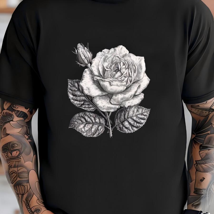 Unique Rose Tee, Grayscale Rose, Black And White Rose Design On Premium Unisex Shirt, 3 Color Choices, 2x, 3x, 4x, Plus Sizes Available T-shirt