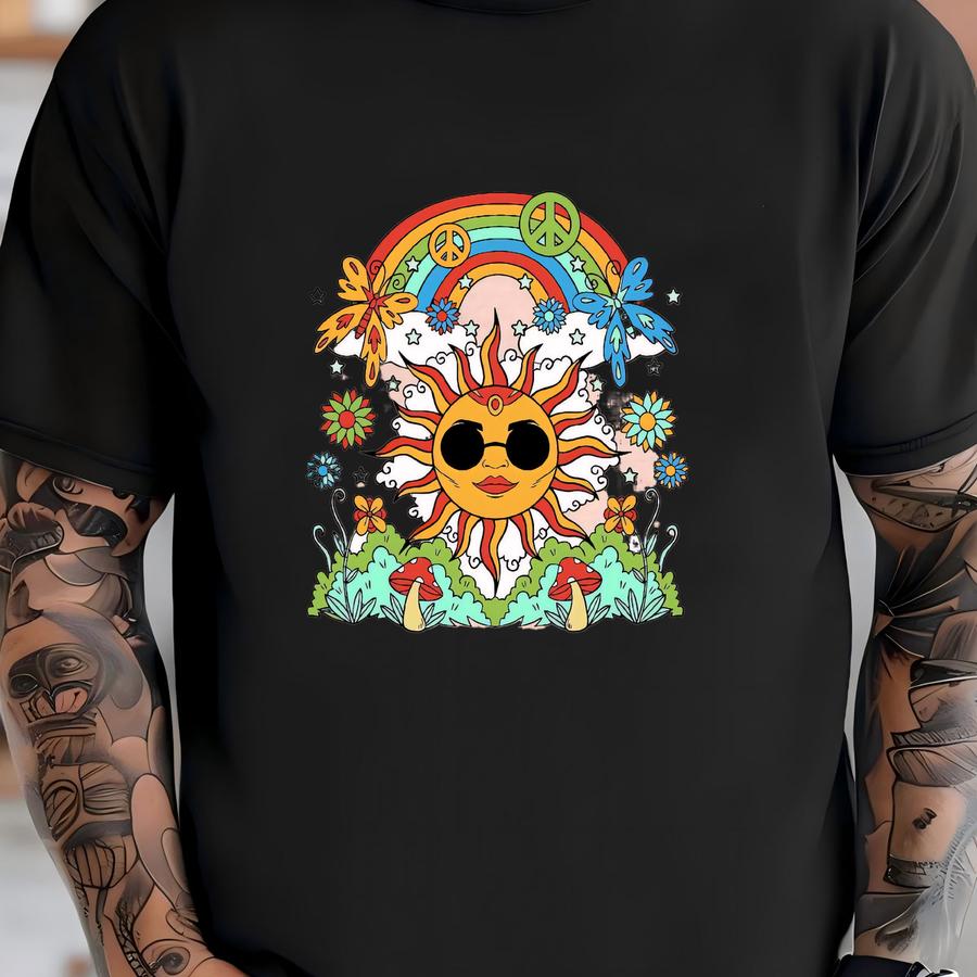 Peace Symbol Shirt, Vintage Sun Shirt, Colorful Shirt, Rainbow Shirt, Summer Shirt, Retro Sun Shirt, Rainbow Shirt T-shirt