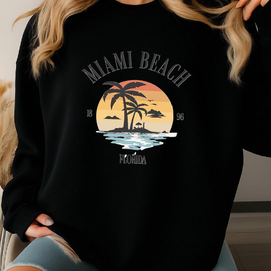 Miami Beach Sunset Sweater, Florida Pullover, Island Resort Sweatshirt, Vacay Crewneck, Vacation Jumper, Travel Souvenir, Oversized Apparel Sweatshirt