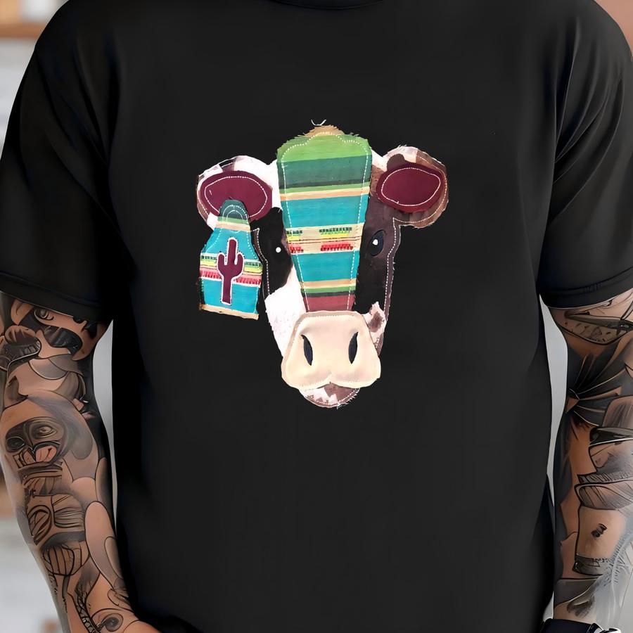 Serape Southwest Cactus Ear Tag Tee Shirt, Girl Gift, Womens Gift, Cow Shirt, Western Gift, Western Shirt, Southwest Tee, Serape Cow T-shirt