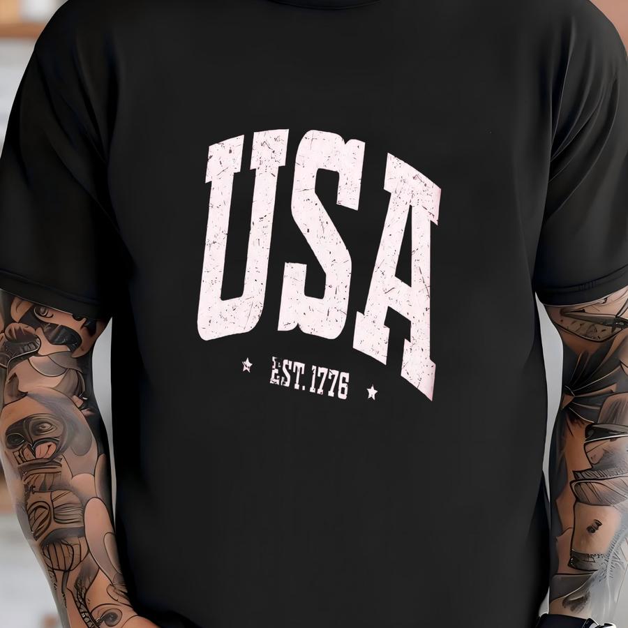 Usa Est 1776 ® Sweatshirt Faded Vintage Aesthetic Distressed Lettering Unisex Garment-dyed Varsity Crewneck Usa Sweatshirt T-shirt