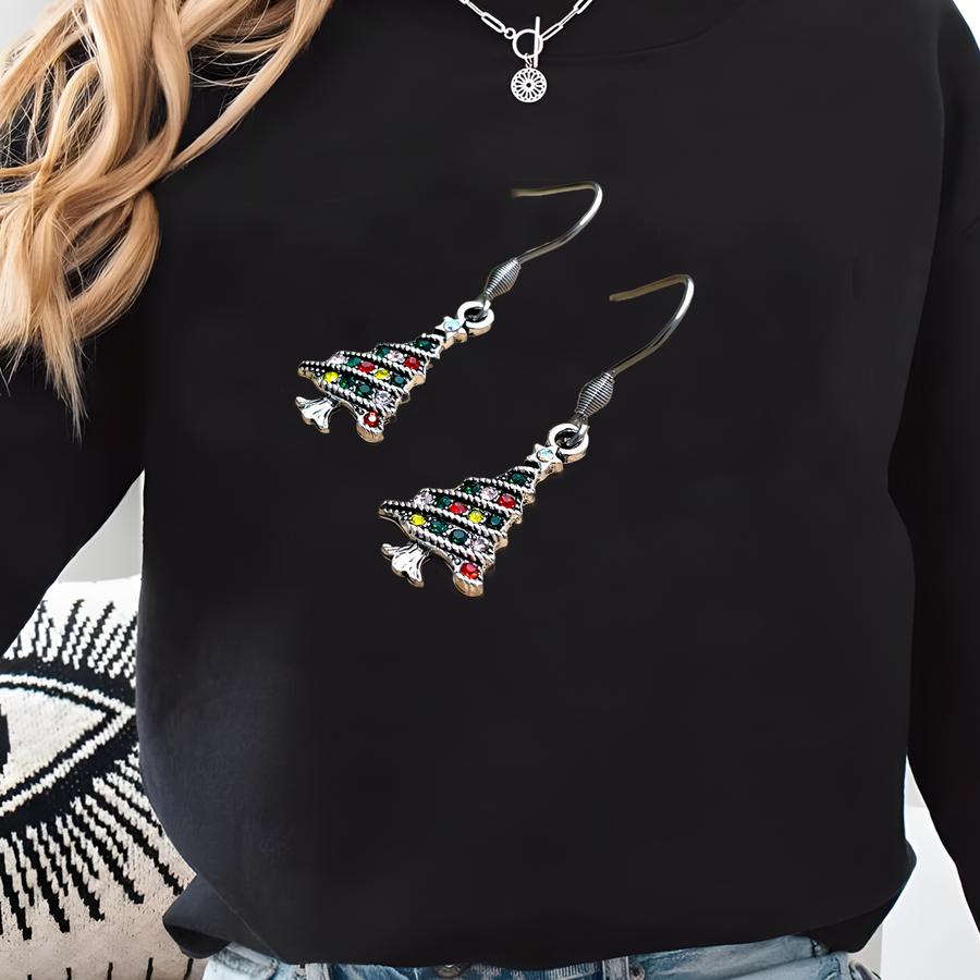 Rhinestone Christmas Tree Earrings Christmas Earrings Vintage Style Rhinestone Christmas Tree Jewelry Colorful Christmas Party Outfit Sweatshirt