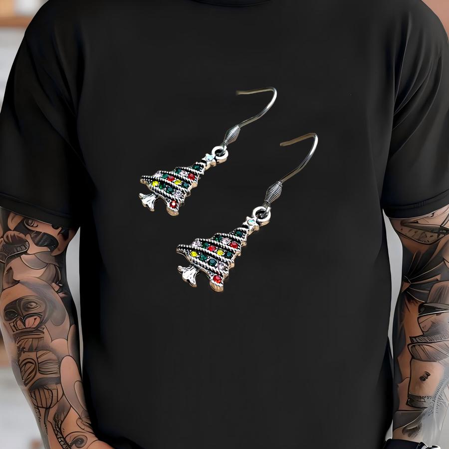 Rhinestone Christmas Tree Earrings Christmas Earrings Vintage Style Rhinestone Christmas Tree Jewelry Colorful Christmas Party Outfit T-shirt