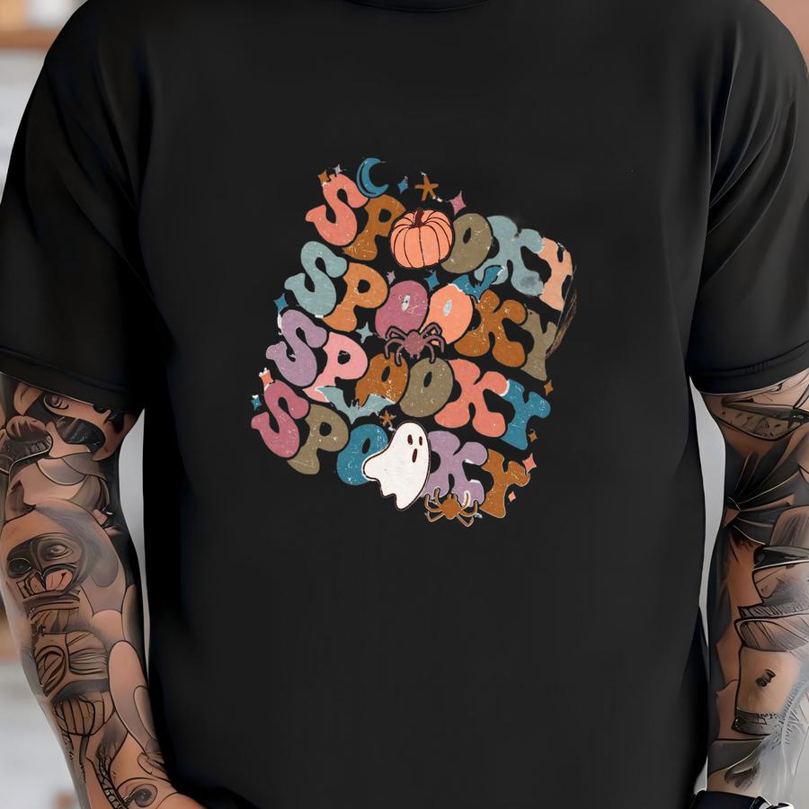 Spooky Sweatshirt Halloween Shirt Faded Vintage Aesthetic Crewneck Retro Distressed Design Groovy Ghost Fall Cute Halloween Sweatshirt T-shirt