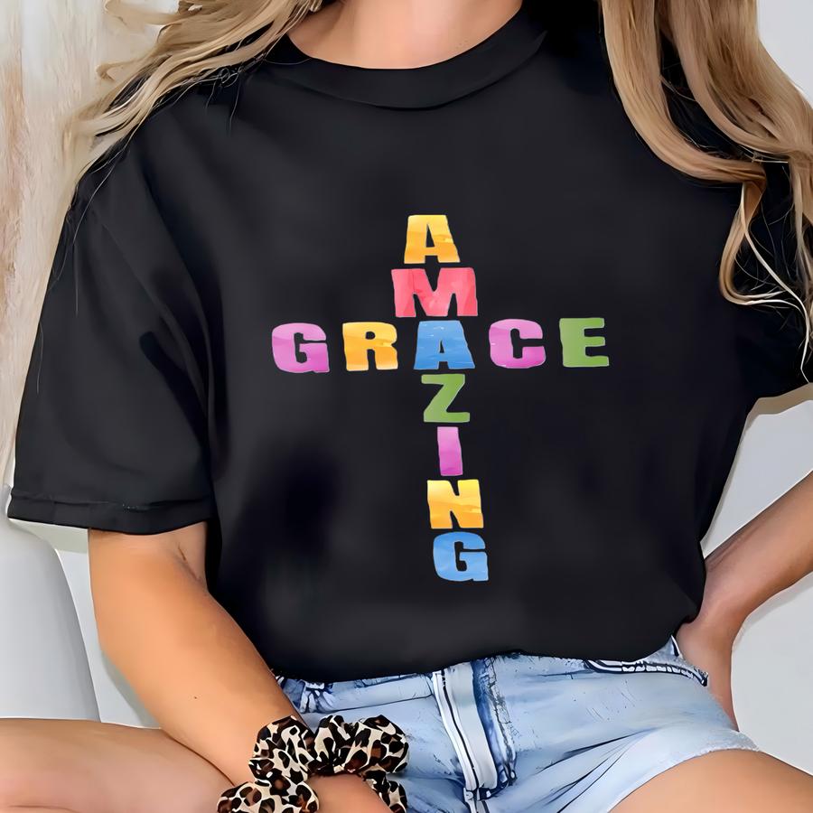 Amazing Grace Christian Cross Faith Scripture Unisex Jersey Short Sve Tee T-shirt