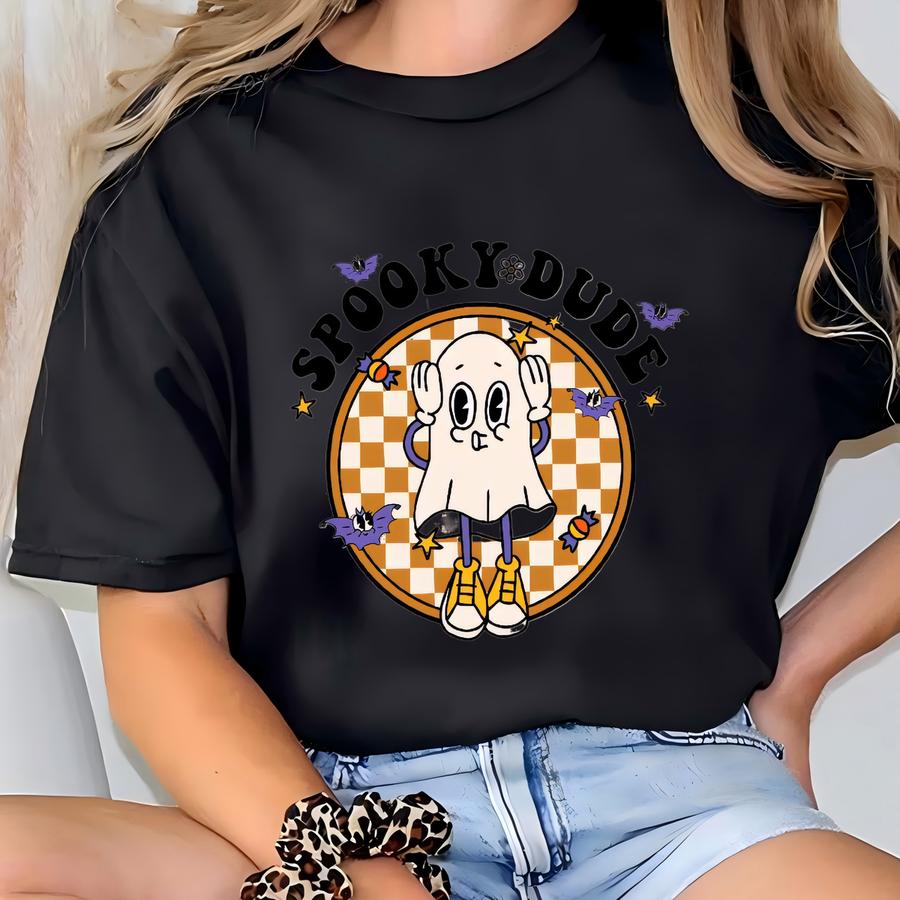 Personalized Spooky Dude Baby , Retro Boys Halloween Toddler, Cute Natural Fall Bodysuit, Spooky Dude Checkered Ghost,baby Shower Gift T-shirt