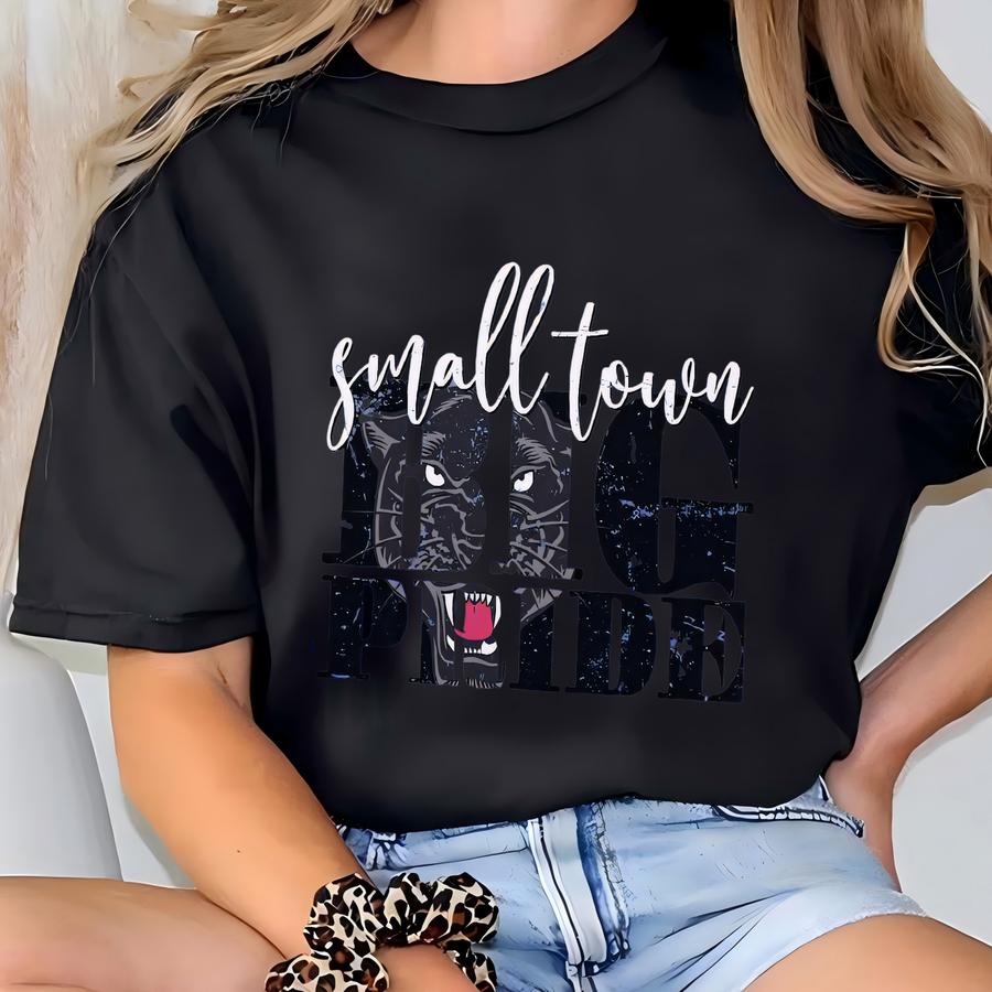 Small Town Big Pride Panther Shirt, Panthers Sweatshirt, Panther Football, Panther School Spirit, Football Mom, Retro Panther Crew Neck T-shirt