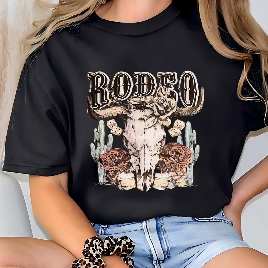 Rodeo Shirt, Rose Cow Skull Shirt, Bull Graphic Tee, Cowboy Shirt Women, Mens Cowboy Shirt, Texas Shirt Women, Country Music Shirt T-shirt