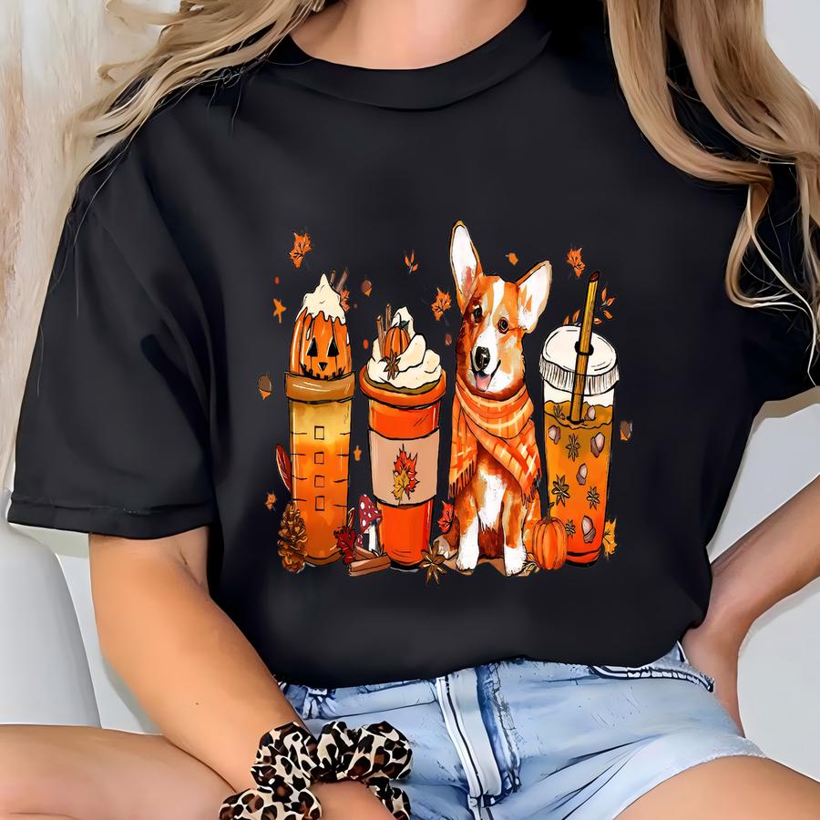 Fall Corgi Coffee Cups Dtf Transfers | Ready To Press Fall Direct To Film Transfers T-shirt