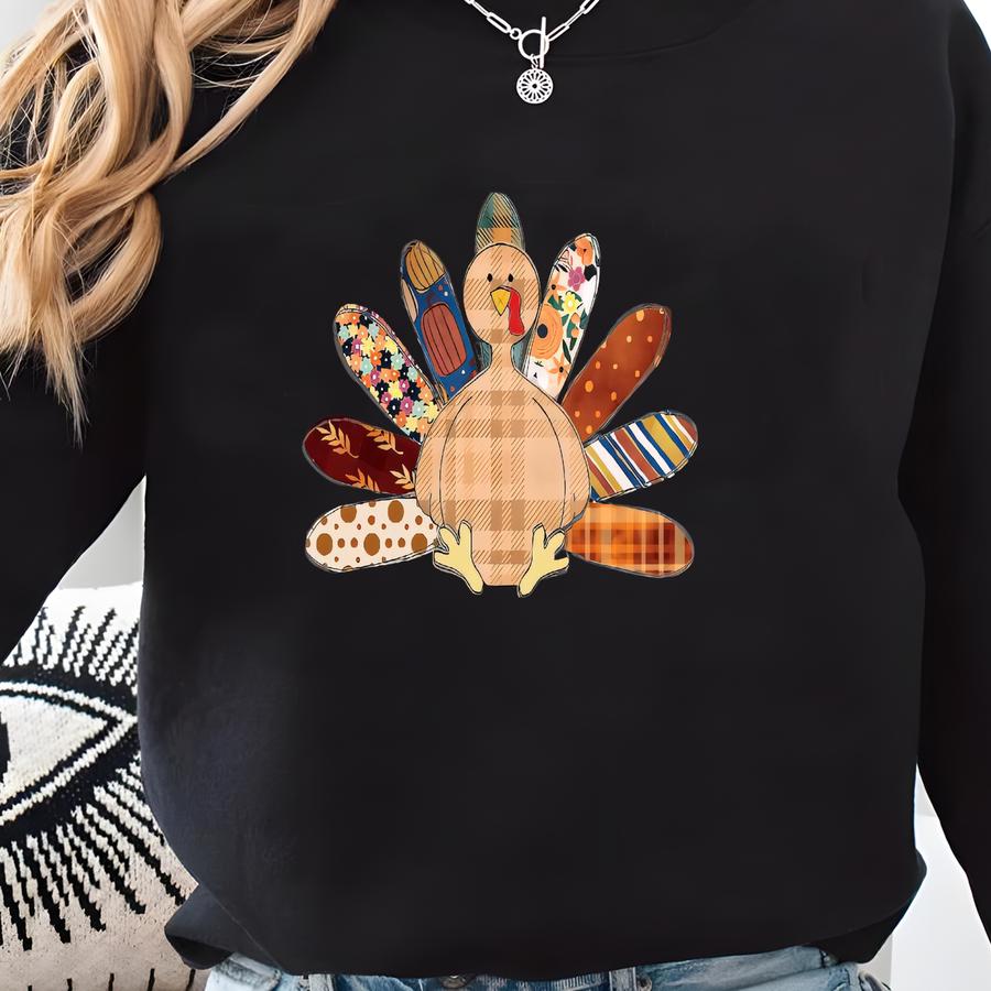 Thanksgiving Turkey Sweatshirt: Printed Faux Patchwork Design Sweatshirt