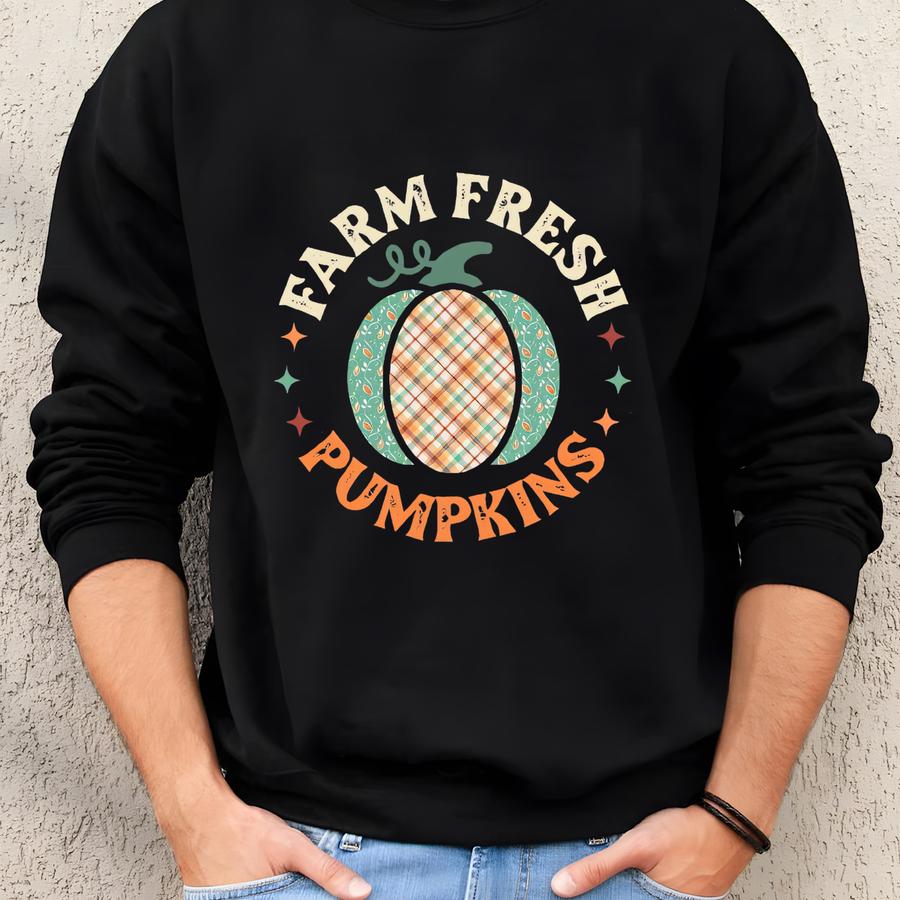 Farm Fresh Pumpkins Long Sve Tee - Patchwork Pumpkin Design Sweatshirt