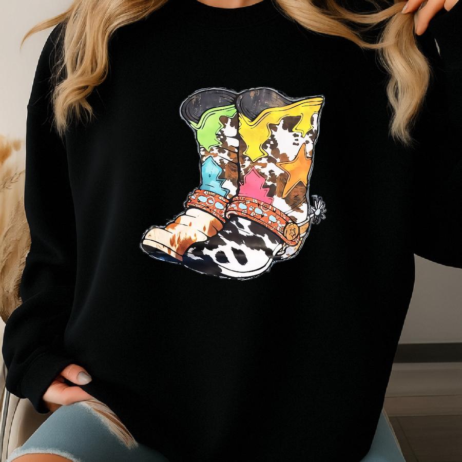 Cowgirl Boots Shirt, Western Boots Shirt, Cowboy Boots, Cow Pattern Shirt, Vintage Cowboy Shirt, Cowgirl Shirt, Boots Graphic Tee Sweatshirt