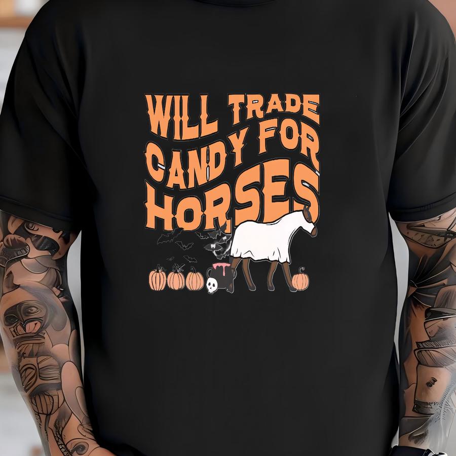 Will Trade Candy Retro Halloween Horse Shirt Spooky Horse Lover Tee Pumpkin Horse Tshirt Horse Owner Gift Youth Ghost Horse Girl Hoodie T-shirt