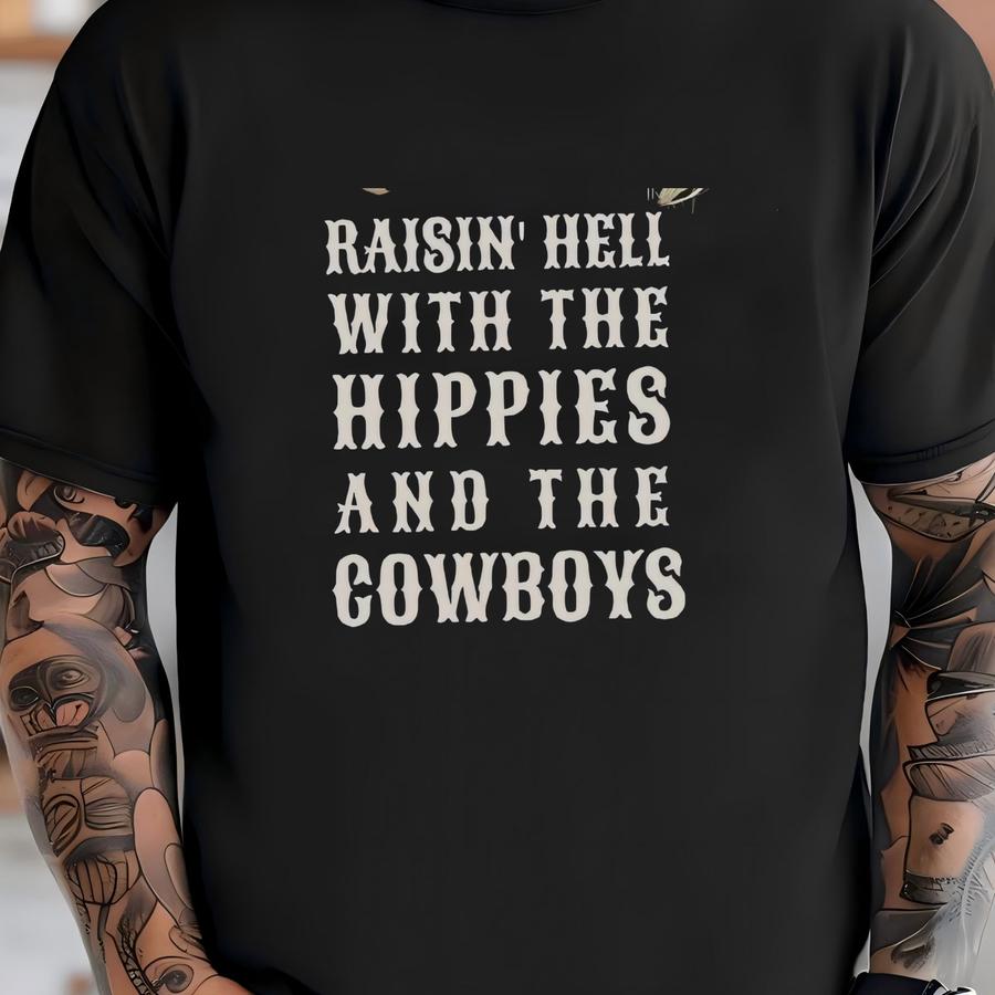 Raisin' With The Hippies And The Cowboys Unisex Mineral Wash Hoodie, Mineral Wash Graphic Tee, Western Tee, Boho Western Tee, T-shirt