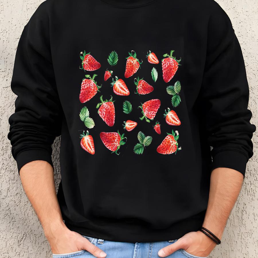 Strawberry Shirt, Strawberry Clothes, Aesthetic Clothing, Cottagecore Clothes, Botanical Shirt, Summer Garden Shirt, Strawberry Print Shirt Sweatshirt