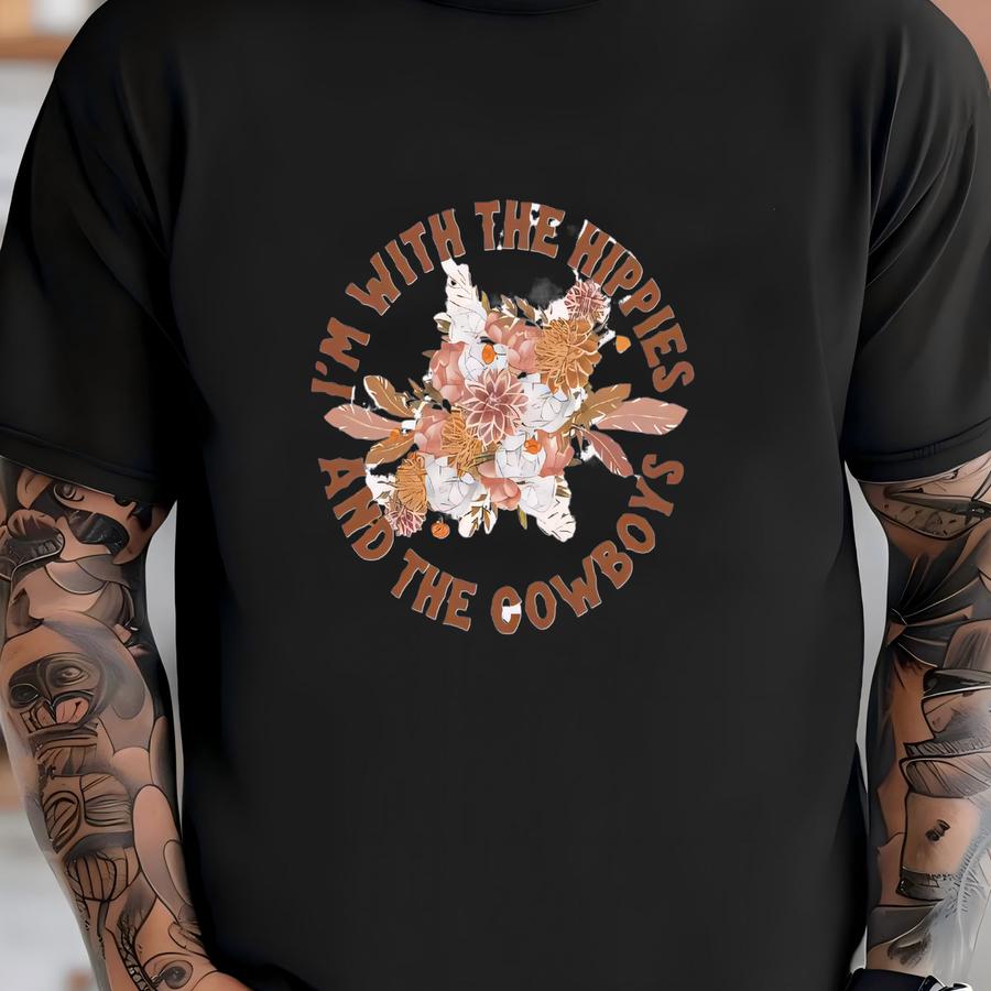 I'm With The Hippies The Cowboys Tee, Polyester Canvas Tee, Western Boho Tee, Western Tee, Western Floral T-shirt
