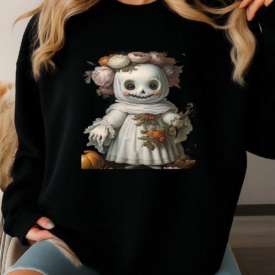Spooky Floral Ghost Halloween Accent Pillow, 14x14, Moody Vintage Halloween Pillow Sweatshirt