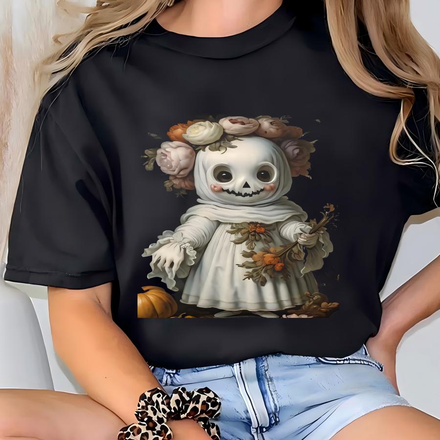 Spooky Floral Ghost Halloween Accent Pillow, 14x14, Moody Vintage Halloween Pillow T-shirt