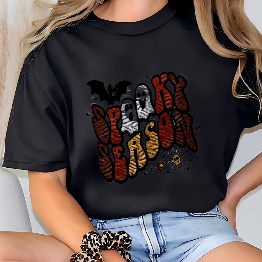 Spooky Season Halloween White Crewneck Sweatshirt Fall Bats Retro Font T-shirt