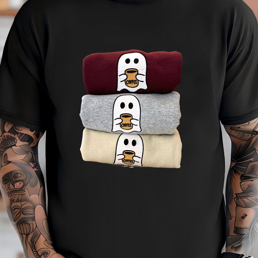 Halloween Sweatshirt: Spooky Ghost With Coffee T-shirt