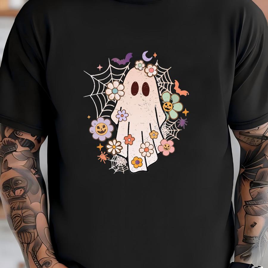 Retro Ghost ® Tshirt Faded Vintage Boho Flower Ghost Tee Distressed Crewneck Cute Halloween Tee Cute Halloween Shirt T-shirt