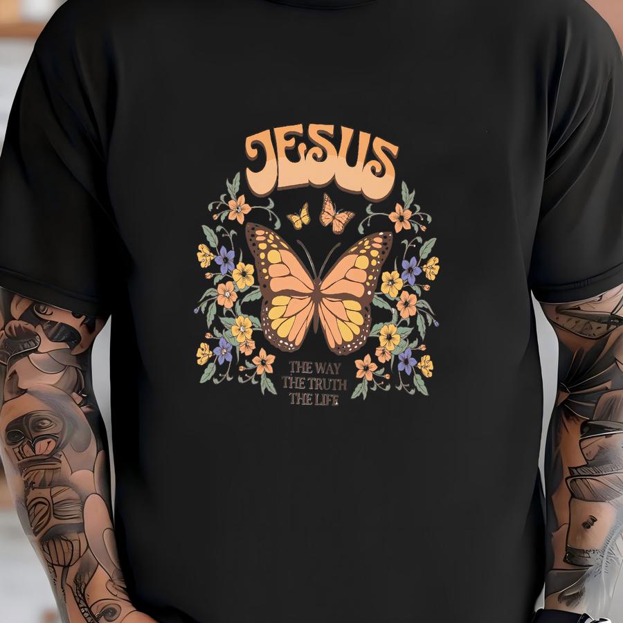 Retro Christian Tee Jesus Is The Way Tote, Butterfly Christian Shirt, Christian Streetwear, Faith Tote, Cute Farmer's Market T-shirt