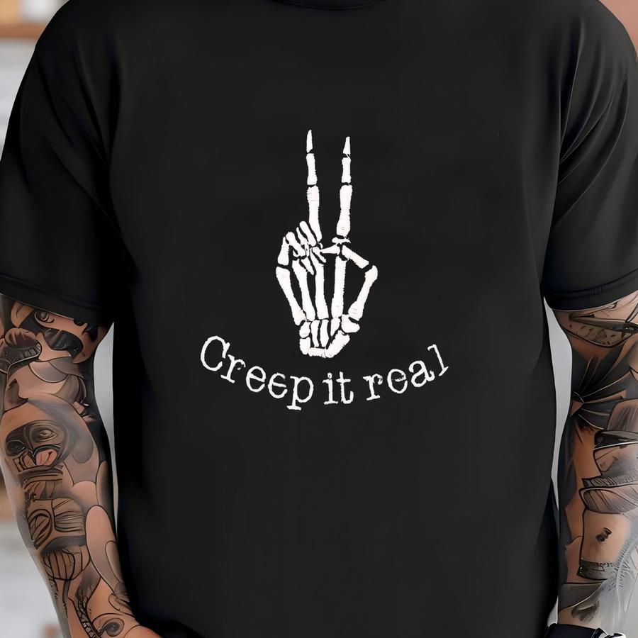 Halloween Crewneck Sweatshirt, Skeleton Sweater, Unisex Crewneck Sweatshirt, Custom Crewneck, Creep It Real Peace Sign T-shirt