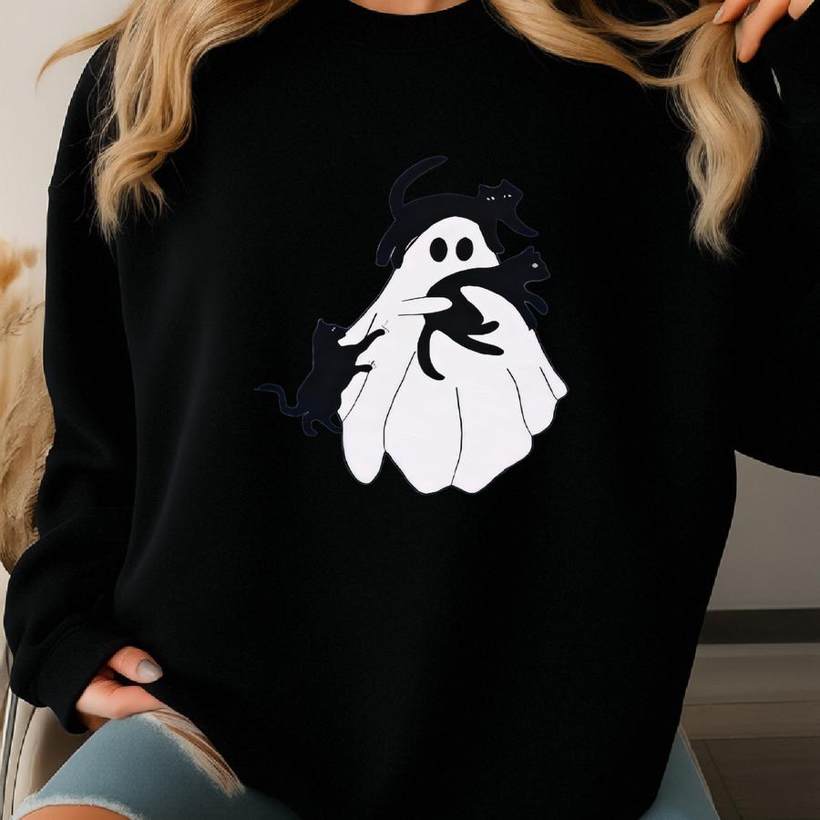 Ghost Black Cat Halloween Shirt, Ghost Holding Black Cats, ®, Spooky Season, Women Halloween Shirt, Cute Ghost Halloween Shirt Sweatshirt