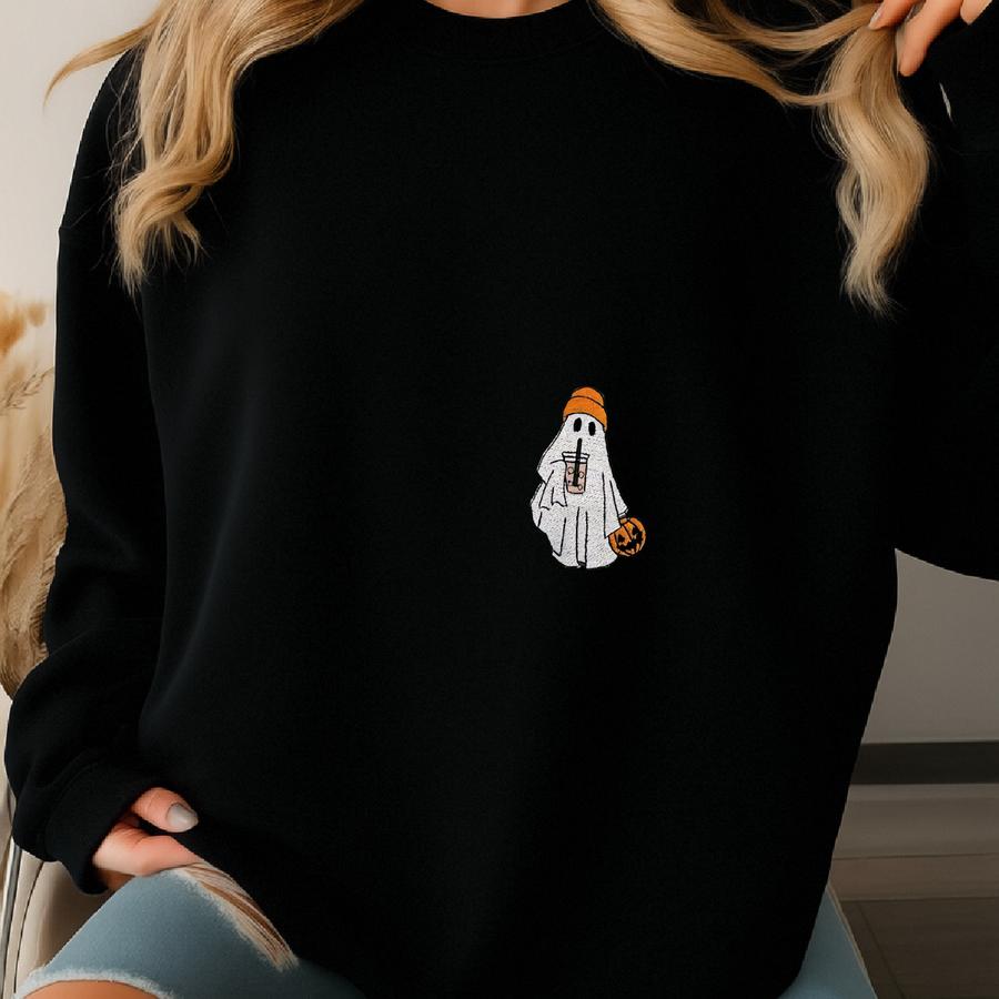 Iced Coffee Halloween Sweatshirt, Halloween Sweatshirt, Halloween, Coffee Lovers , Cute Ghost Coffee, Pocket Ghost Hoodies Sweatshirt