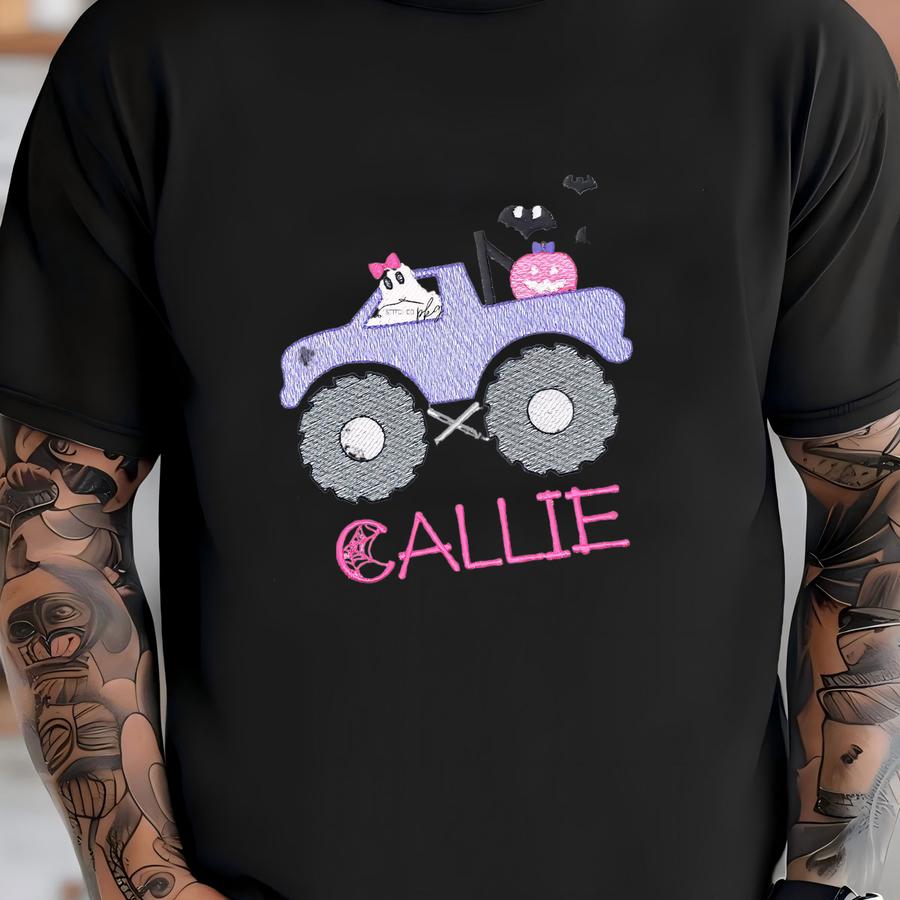 Girl's Halloween Monster Truck - Ghost - Pumpkin - Pink Purple - Bats - Personalized Name - Monster Jam - Fall Holiday Shirt T-shirt