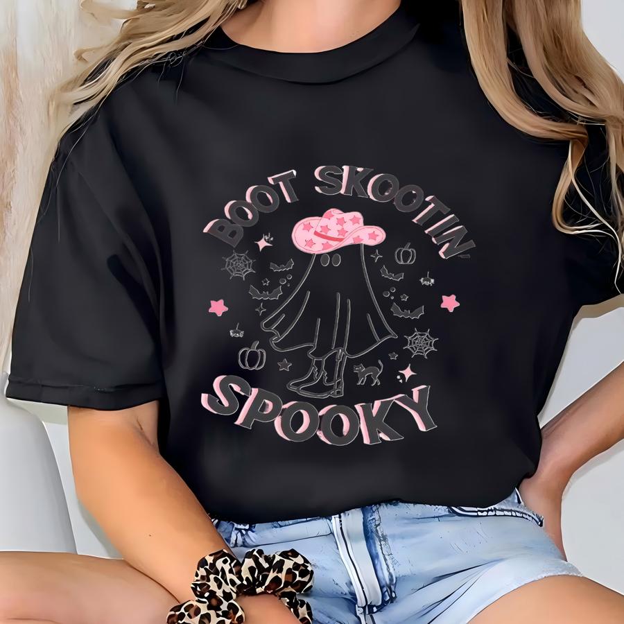 Boot Scootin Spooky Sweatshirt, Halloween Shirt, Western Halloween Shirt, Cowboy Ghost Shirt, Fall Clothing, Halloween Gift, Pink Western T-shirt