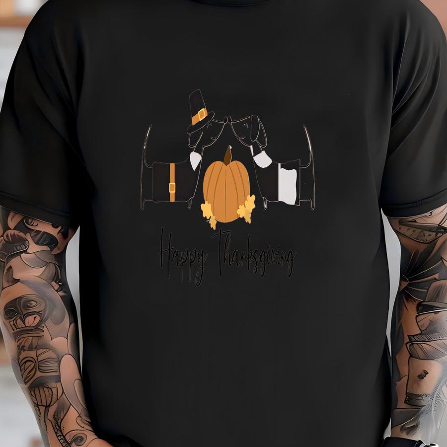 Thanksgiving Tee, Cute Thanksgiving Dachshunds, Pilgrim Dogs At Thanksgiving On Premium Unisex Shirt, 4 Color Choices, Plus Sizes Available T-shirt