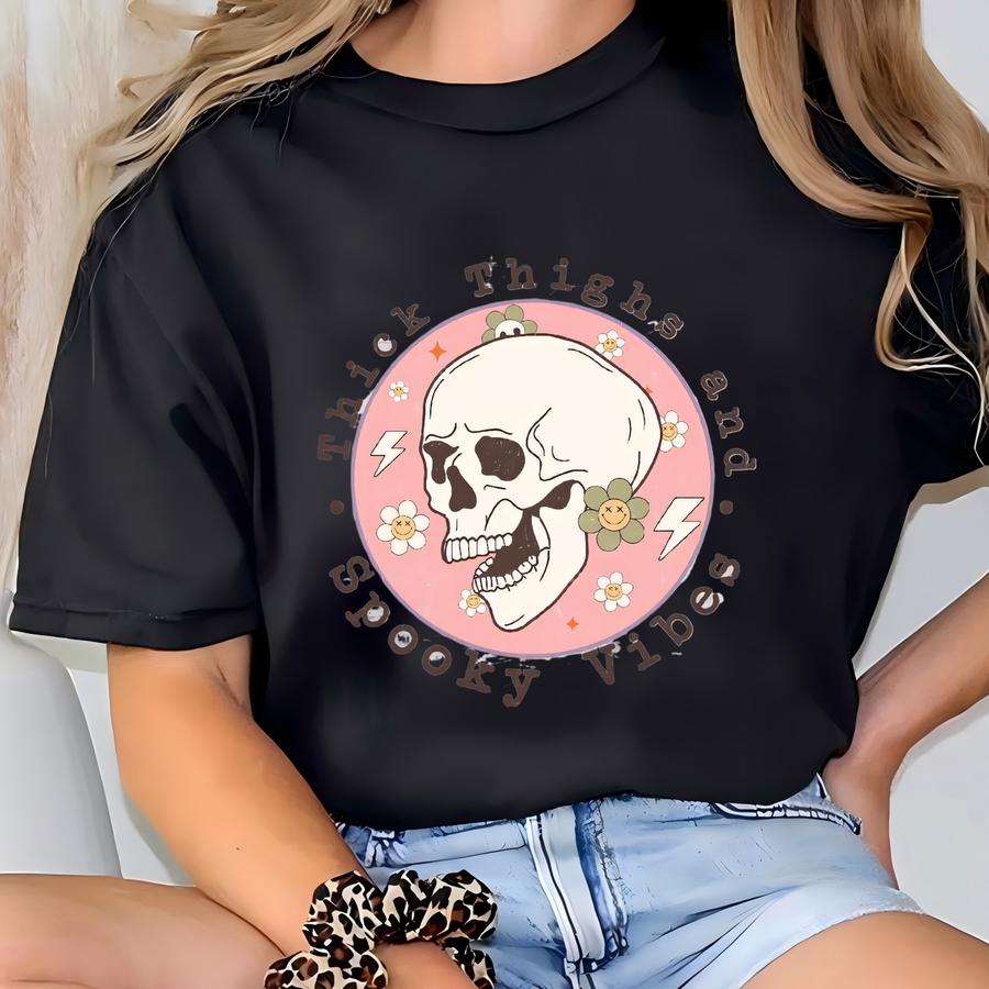 Thick Thighs Spooky Vibes Sweatshirt - Funny Halloween Skull Sweat T-shirt
