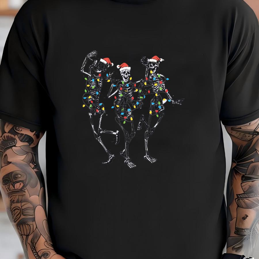 Christmas Dancing Skeletons Crewneck Sweatshirt Christmas Skeletons Funny Spooky Santa Hats Dancing Christmas Skeletons Sweatshirt Lights T-shirt