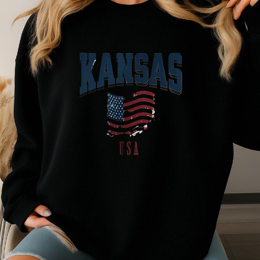 Kansas Sweatshirt, Kansas Crewneck, Kansas Sweater, American Flag Usa Sweatshirt, Kansas Gifts, Kansas Souvenir, Kansas Long Sve Shirt Sweatshirt