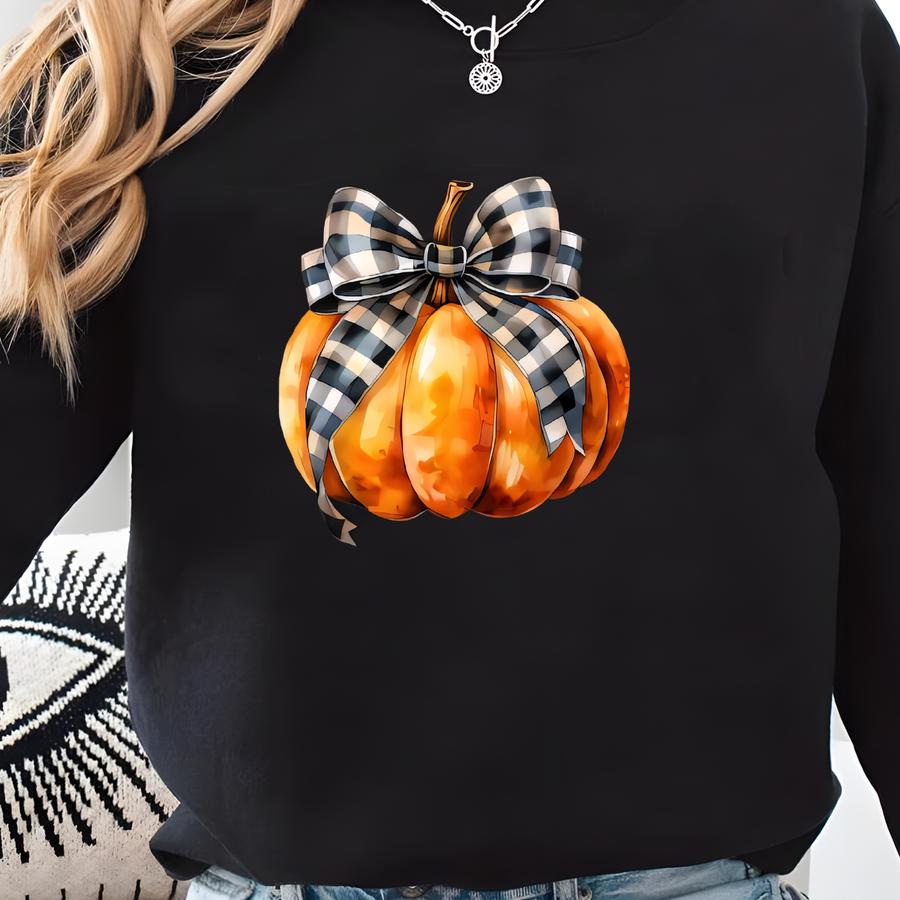 Pumpkin Plaid Bow Fall Shirt - Soft Unisex Halloween Tee Sweatshirt
