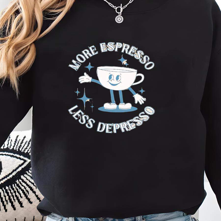 More Espresso Less Depresso Sweatshirt, Unisex Heavy Blend™ Crewneck Sweatshirt, Coffee Lovers, Coffee Addict Pullover, Espresso Sweatshirt Sweatshirt