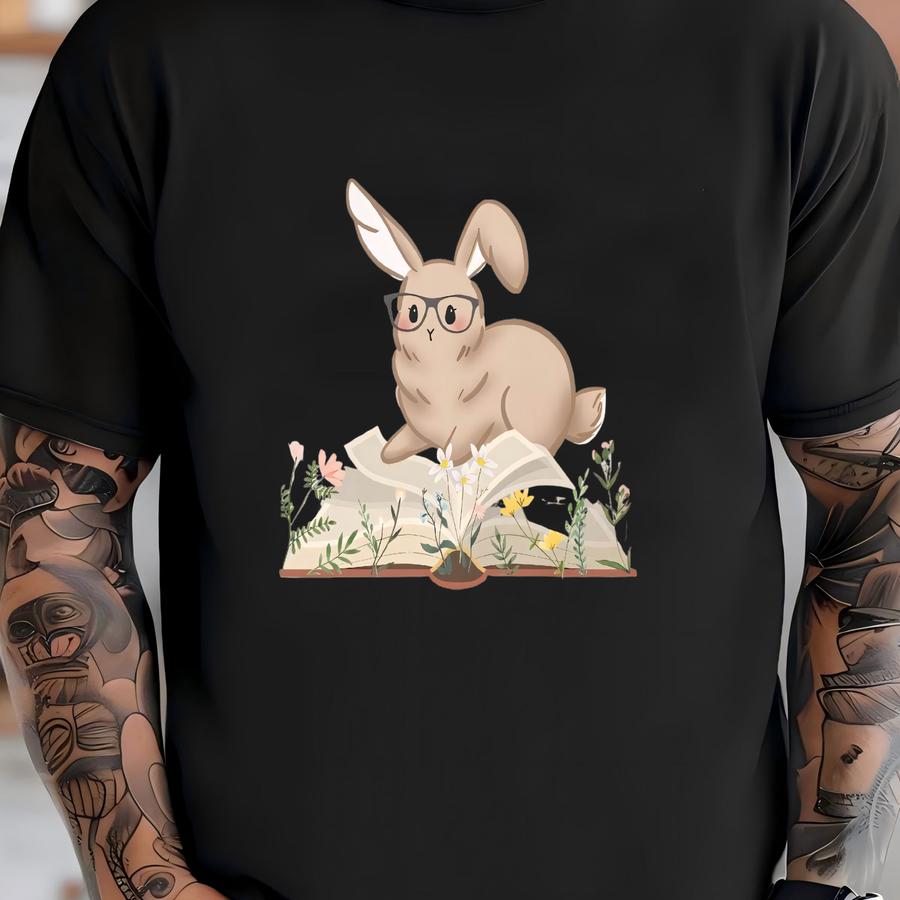 Book Lover Bunny Tee, Floral Book Rabbit Tote, Bookish Tee, Booktrovert Tote, Bunny Mom Gifts, Bunny Lover Gift, Cute Bunny Tote T-shirt