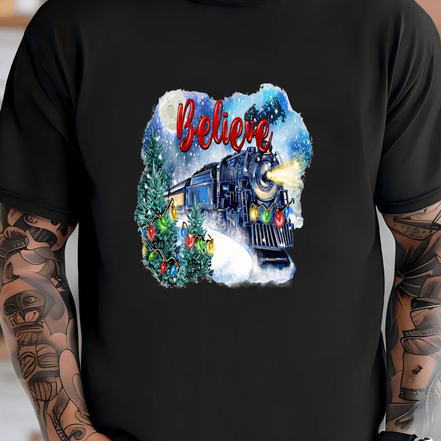 Believe Christmas Train Dtf Transfer: Holiday Winter Locomotive Shirt Decal Ready To Press T-shirt