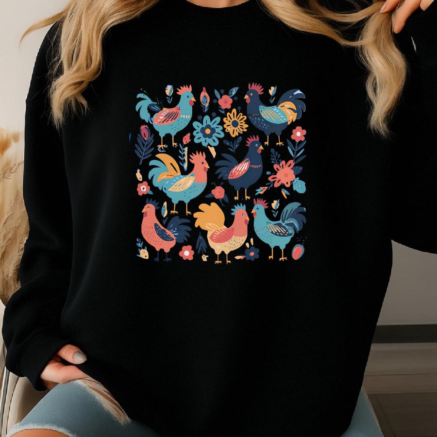 Chicken Sweatshirt, Floral Chicken Sweatshirt, Cute Chicken Hens Sweatshirt, Oversized Animal Lover Sweatshirt, Funny Farm Life Crewneck Sweatshirt