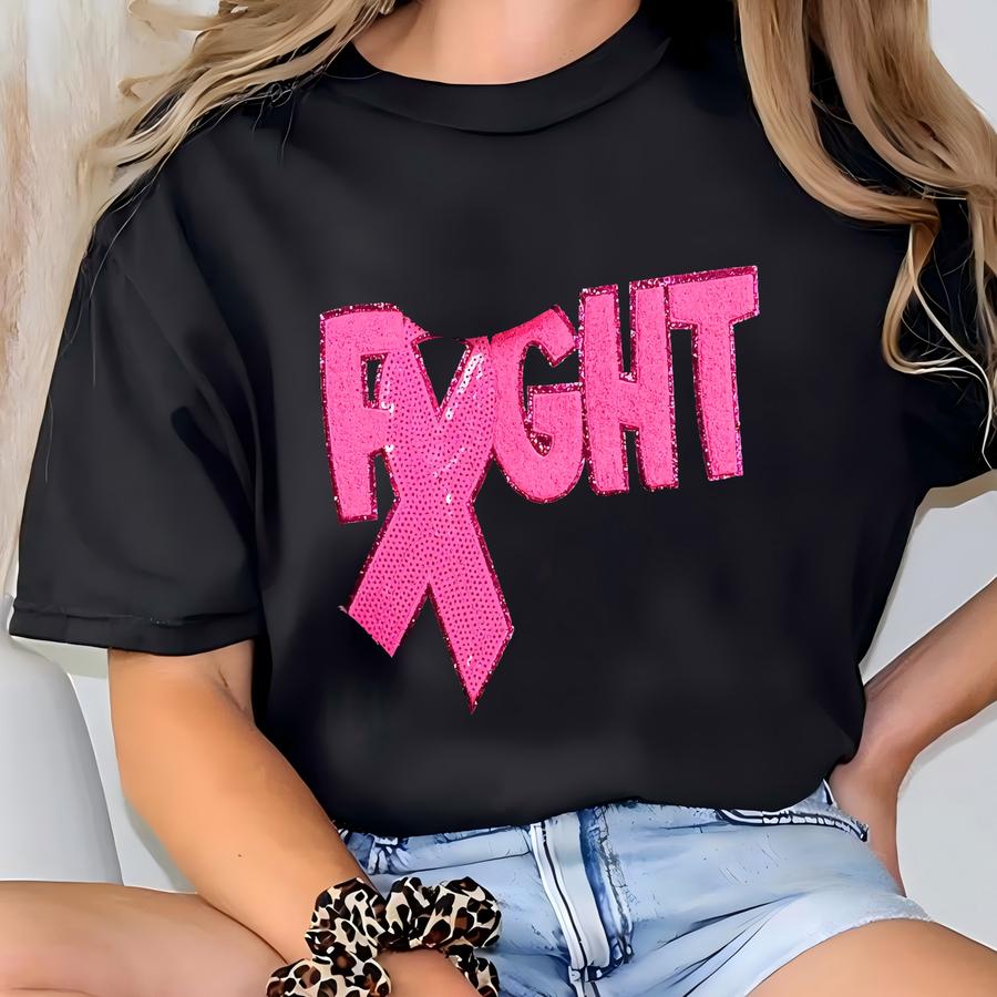 Fight Breast Cancer Awareness Leopard Shirt - Breast Cancer Shirt - Pink Breast Cancer - Women's Pink Sequins Shirt - Cancer Chenille Patch T-shirt