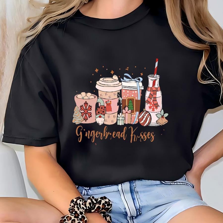 Gingerbread Kisses And Christmas Wishes T Shirt, Christmas Coffee Shirt, Xmas T Shirt, Gift For Her Tee, Funny Christmas Tee, Holiday Tshirt T-shirt