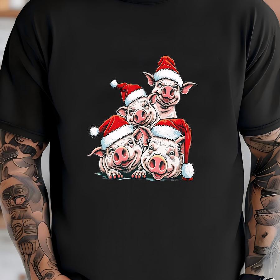 Christmas Tee, Cute Christmas Pigs, Santa Hat On Pigs, Cute Pigs Design On Premium Unisex Shirt, 3 Color Choices, Plus Sizes Available T-shirt