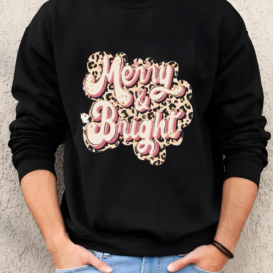 Cheetah Print Merry And Bright Crewneck Sweatshirt Pink Distressed Retro Merry And Bright Christmas Sweatshirt Cheetah Print Distressed Sweatshirt