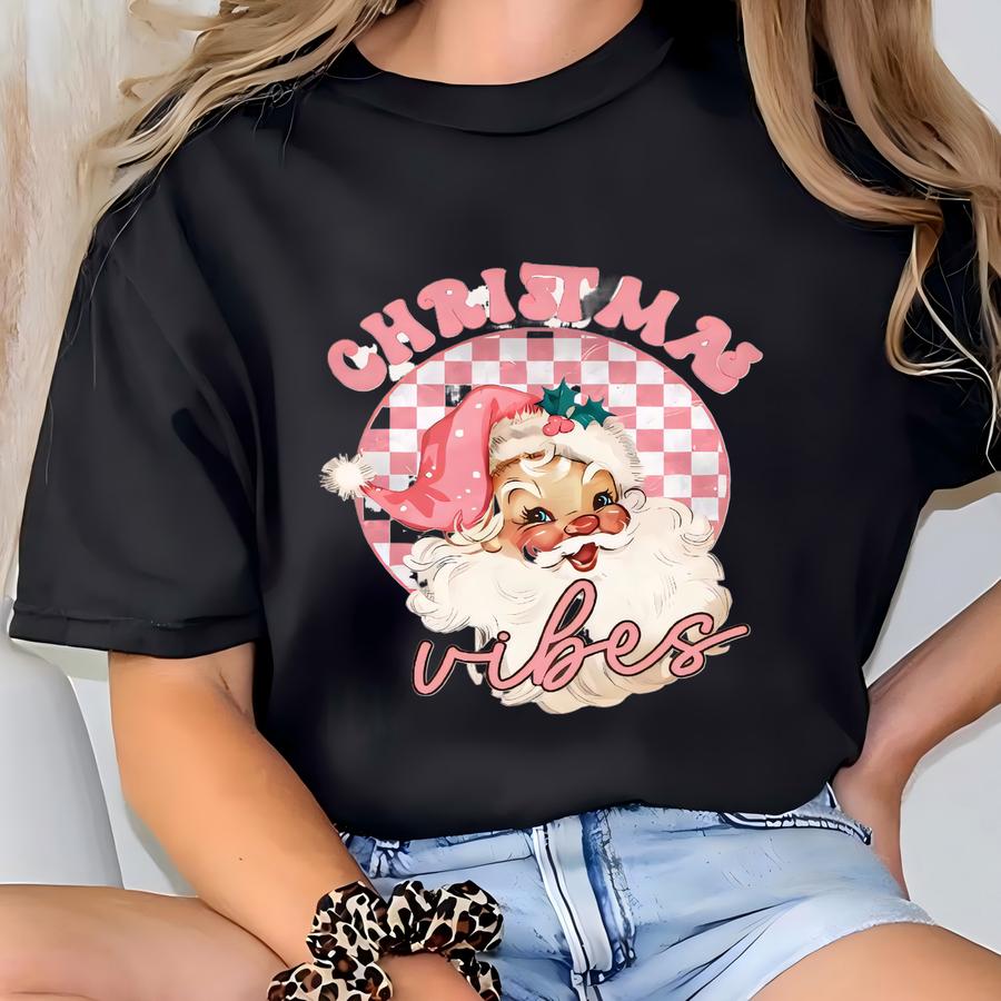 Retro Pink Santa Shirt Christmas Tshirt Retro Pink Santa Christmas Vibes Crewneck Cute Santa Claus Tee Pink Christmas Shirt T-shirt